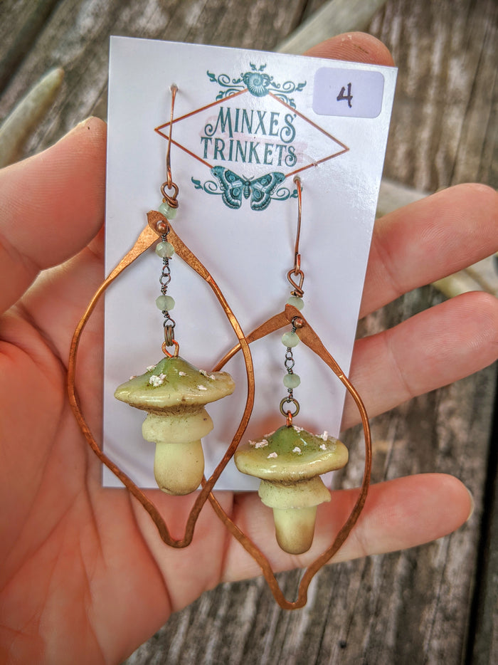 Green Amanita Mushroom & Copper Earrings - #4 - Minxes' Trinkets