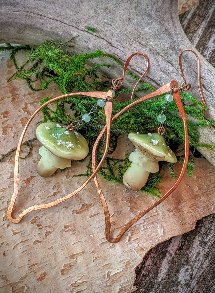 Green Amanita Mushroom & Copper Earrings - #4 - Minxes' Trinkets