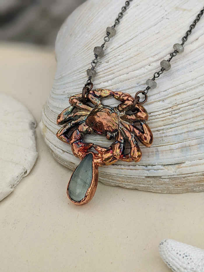 HOLD FOR SINGE 'Drift' - Crab and Aquamarine Copper Electroformed Necklace