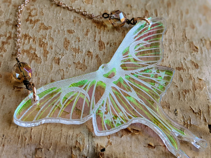 Iridescent Luna Moth Necklace with Iridescent Faceted Beads