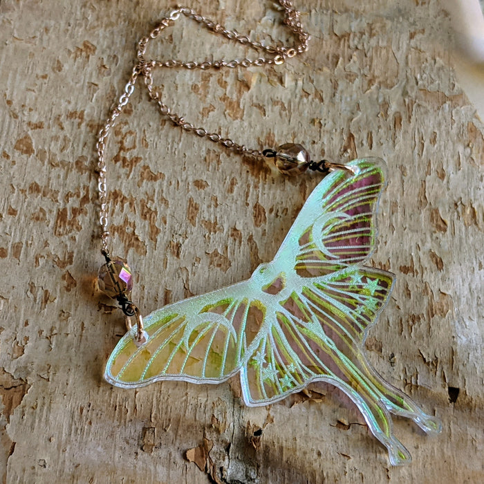 Iridescent Luna Moth Necklace with Iridescent Faceted Beads