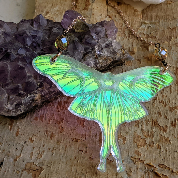 Iridescent Luna Moth Necklace with Iridescent Faceted Beads