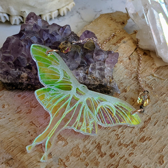 Iridescent Luna Moth Necklace with Iridescent Faceted Beads