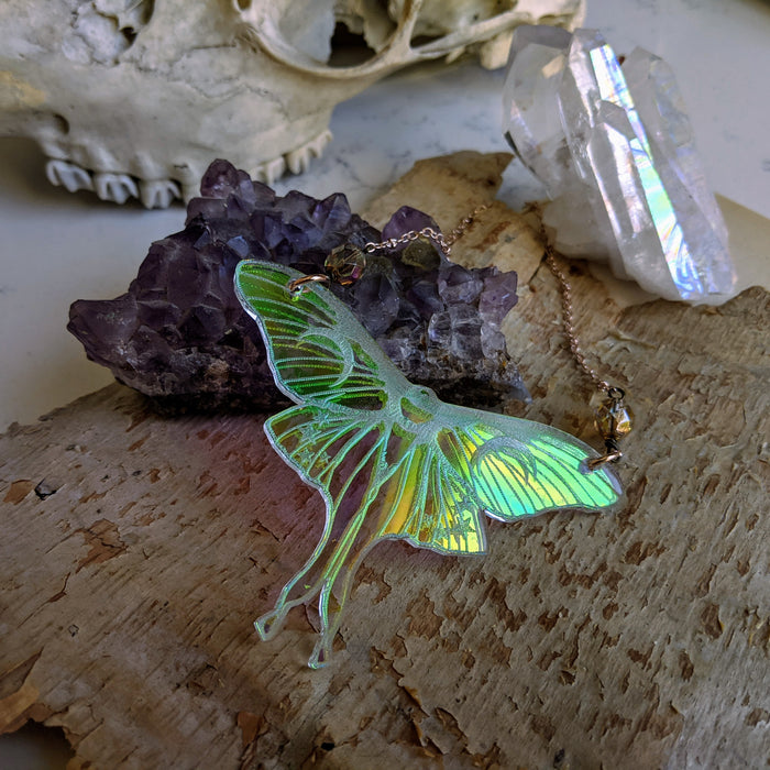 Iridescent Luna Moth Necklace with Iridescent Faceted Beads