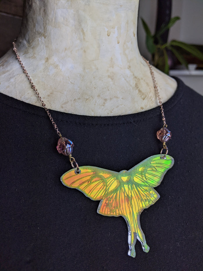 Iridescent Luna Moth Necklace with Iridescent Faceted Beads