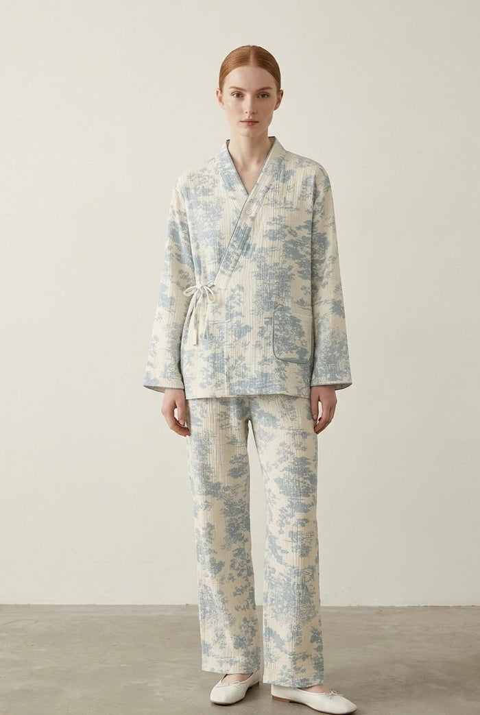 - Ever Lasting - Japanese Kimono Tie Double Gauze Pajama Set / Blue - Pajamas - Ever Lasting