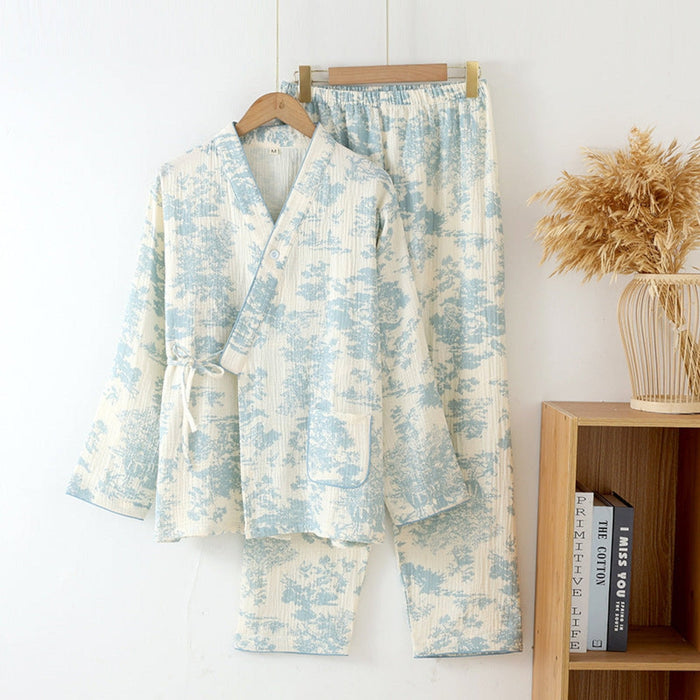 Japanese Kimono Tie Double Gauze Pajama Set / Blue - Ever Lasting