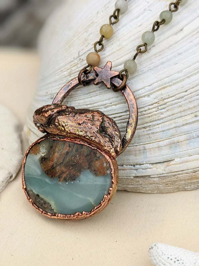 'Jetty' - Crab Claw and Ocean Picture Stone Copper Electroformed Necklace