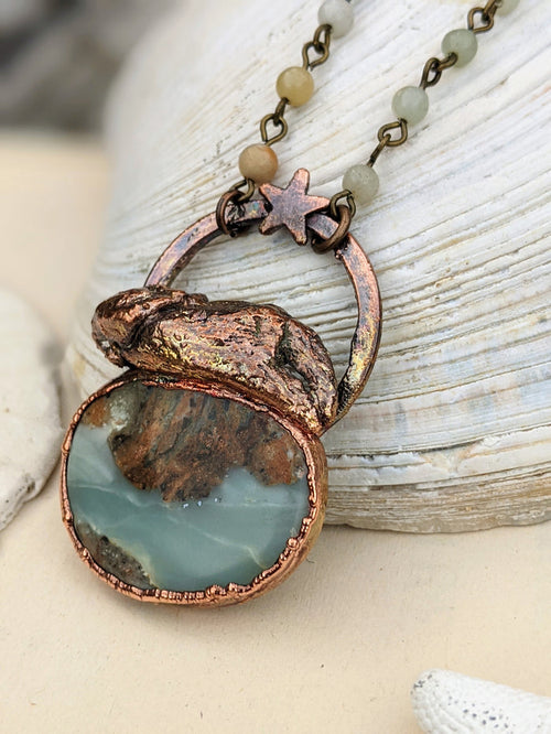 'Jetty' - Crab Claw and Ocean Picture Stone Copper Electroformed Necklace