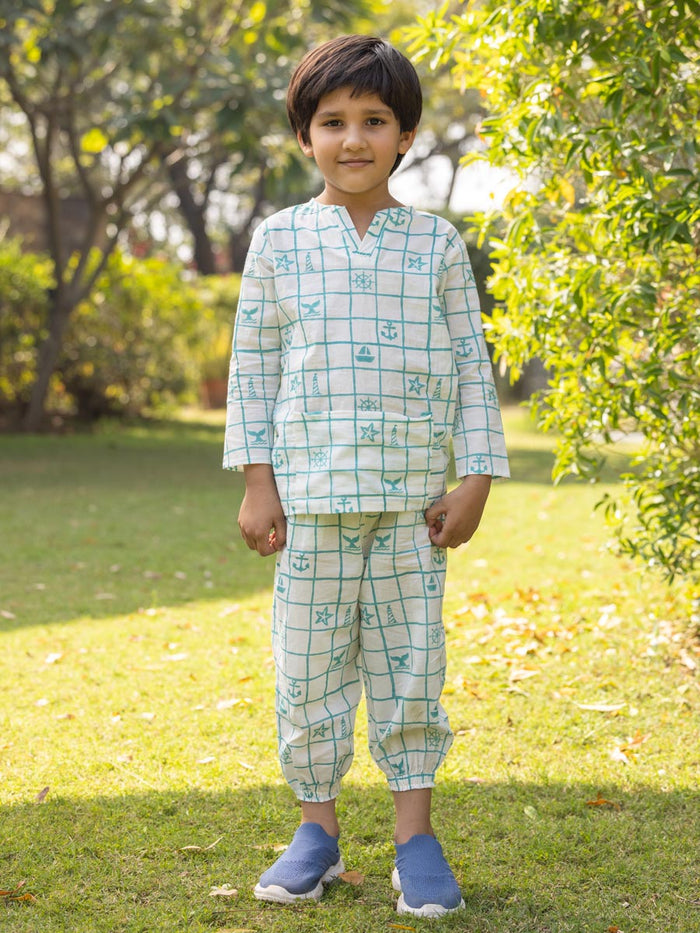 Jr. Voyager Organic Cotton Block Printed Short Kurta for Boys - Pinklay