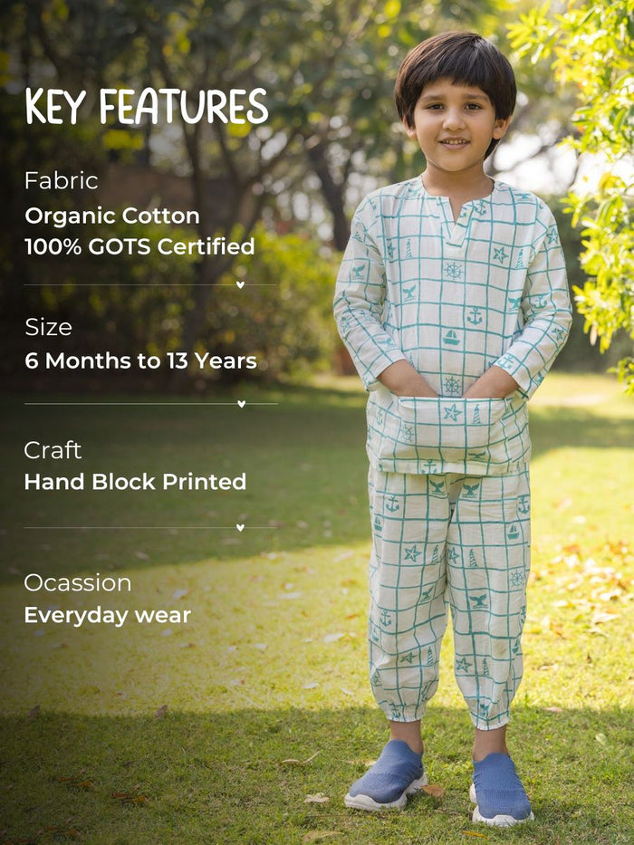 Jr. Voyager Organic Cotton Block Printed Short Kurta for Boys