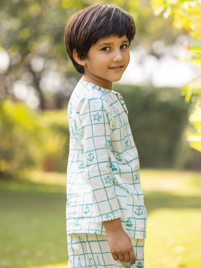 Jr. Voyager Organic Cotton Block Printed Short Kurta for Boys - Pinklay