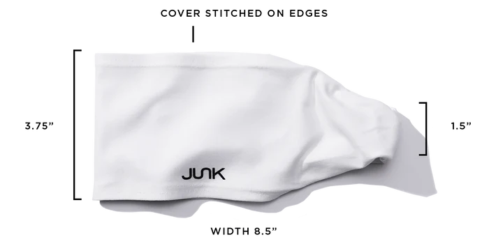 White cover with 'JUNK' branding and measurements on a white background