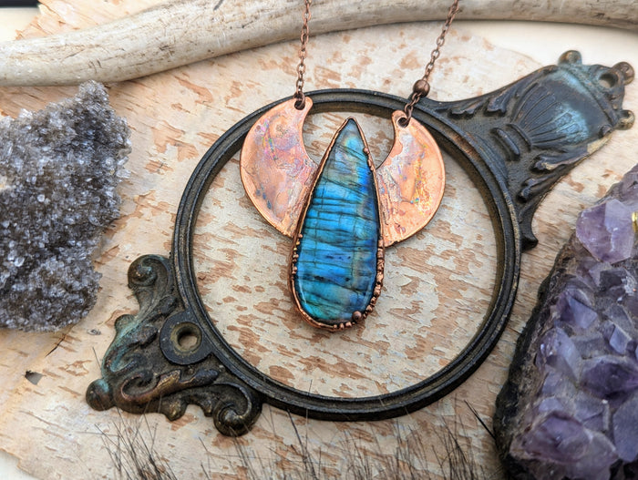 Labradorite Moon Copper Electroformed Moon Necklace