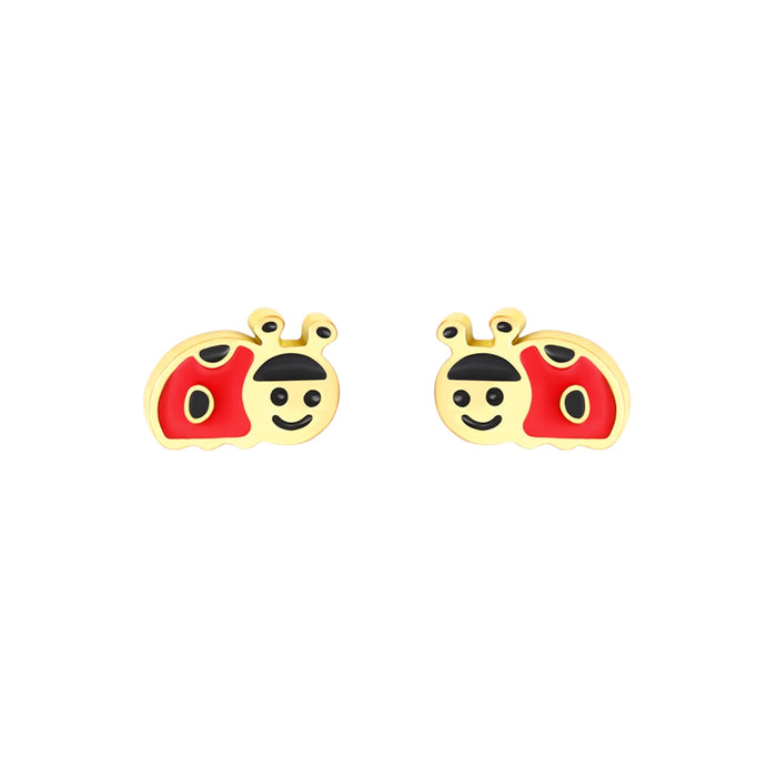 Red ladybird hypoallergenic flat back earrings for children in gold-tone 316L surgical stainless steel