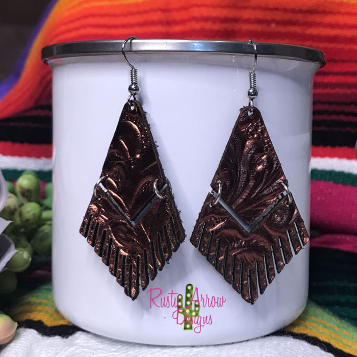 Leather Copper Metallic Floral Embossed Fringe Ear Rings