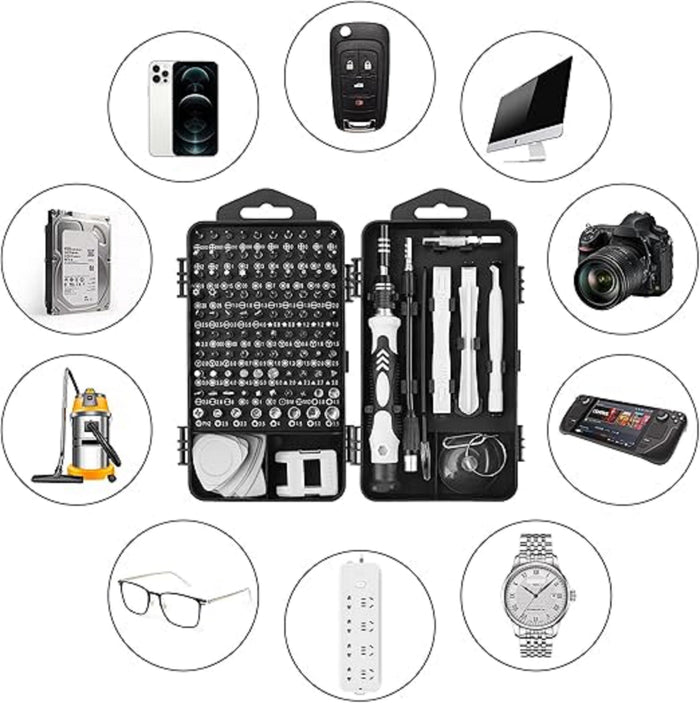 ECOTREK magnetic precision screwdriver set with 115 tools for electronics and DIY repairs, featuring a compact multi-tool kit.