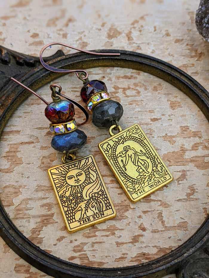 Metal Tarot Card Earrings - Labradorite - Sun and World - Minxes' Trinkets