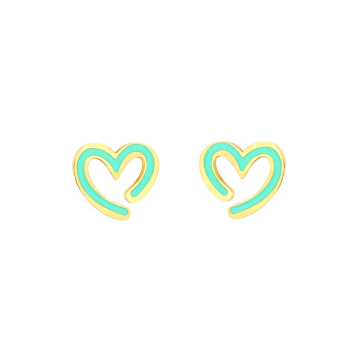 Mint green heart hypoallergenic flat back earrings for children in gold-tone 316L surgical stainless steel