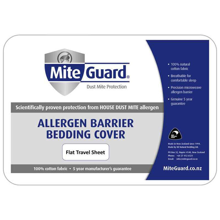 MiteGuard Flat Travel Sheet from the Travel Range, showing a lightweight, white bed sheet designed for travel and protection.