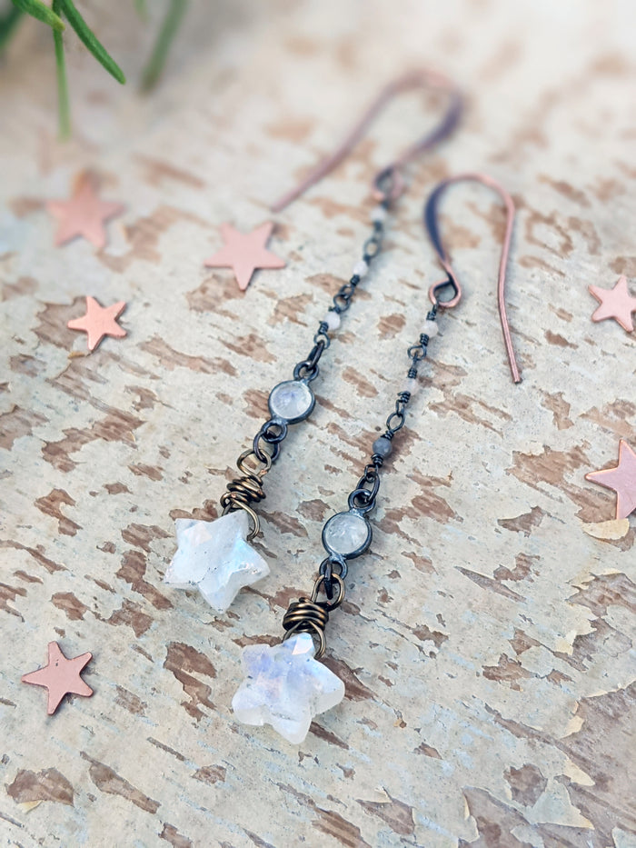 Moonstone Star Dangle Earrings - Style 2