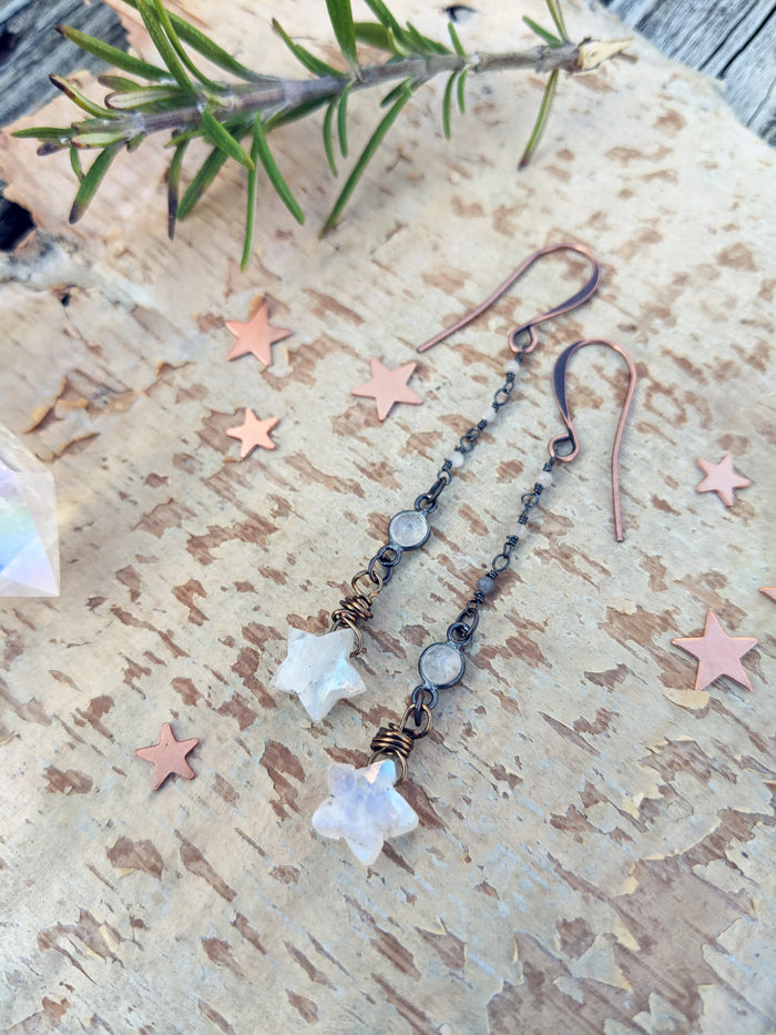 Moonstone Star Dangle Earrings - Style 2