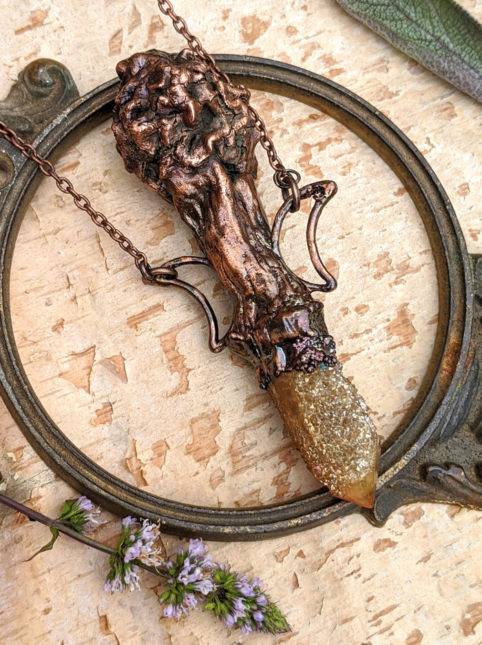 Morel Mushroom Electroformed Necklace with Sunset Spirit Quartz