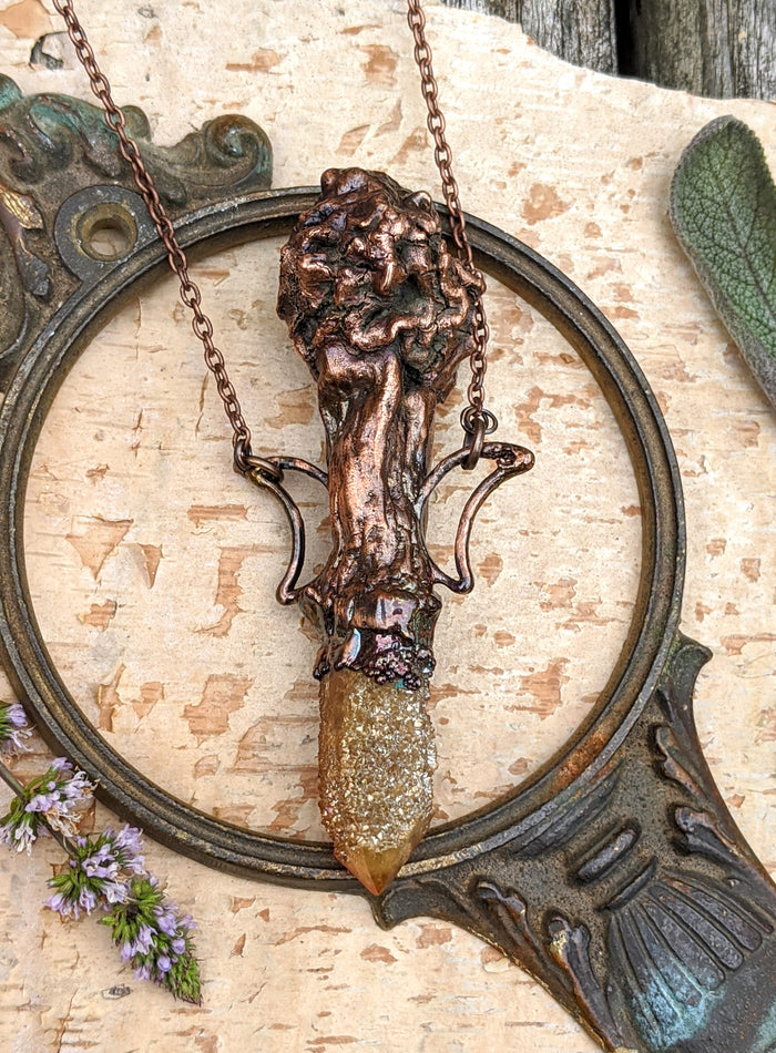 Morel Mushroom Electroformed Necklace with Sunset Spirit Quartz