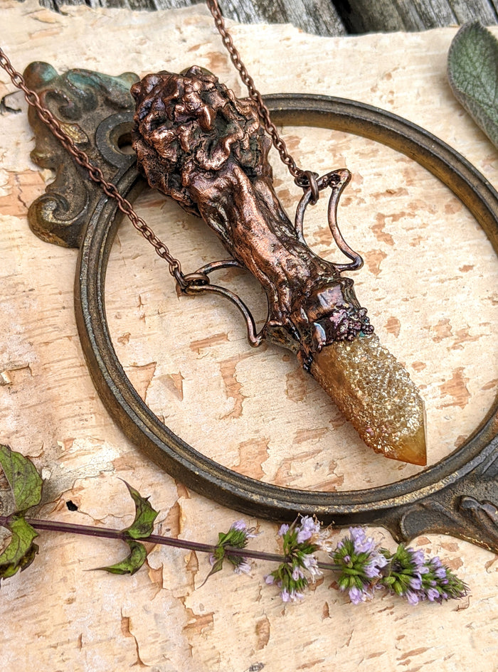Morel Mushroom Electroformed Necklace with Sunset Spirit Quartz