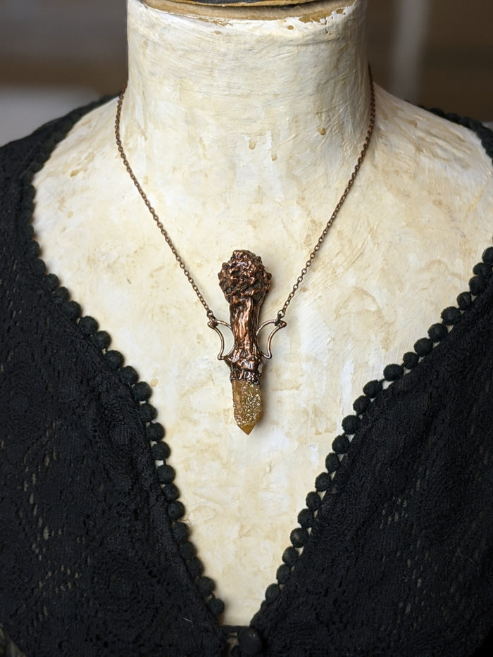 Morel Mushroom Electroformed Necklace with Sunset Spirit Quartz