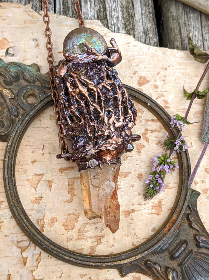 Morel Mushroom Electroformed Necklace with Tangerine Quartz and Ammonite Snail Friend - Minxes' Trinkets