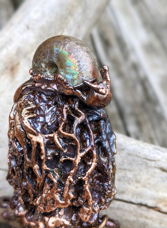 Morel Mushroom Electroformed Necklace with Tangerine Quartz and Ammonite Snail Friend - Minxes' Trinkets