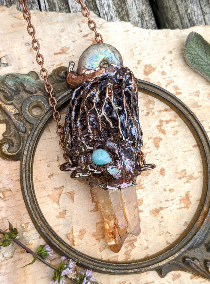 Morel Mushroom Electroformed Necklace with Tangerine Quartz and Ammonite Snail Friend - Minxes' Trinkets