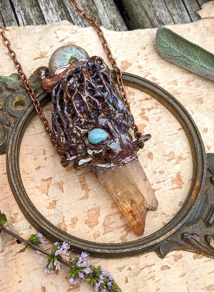 Morel Mushroom Electroformed Necklace with Tangerine Quartz and Ammonite Snail Friend - Minxes' Trinkets