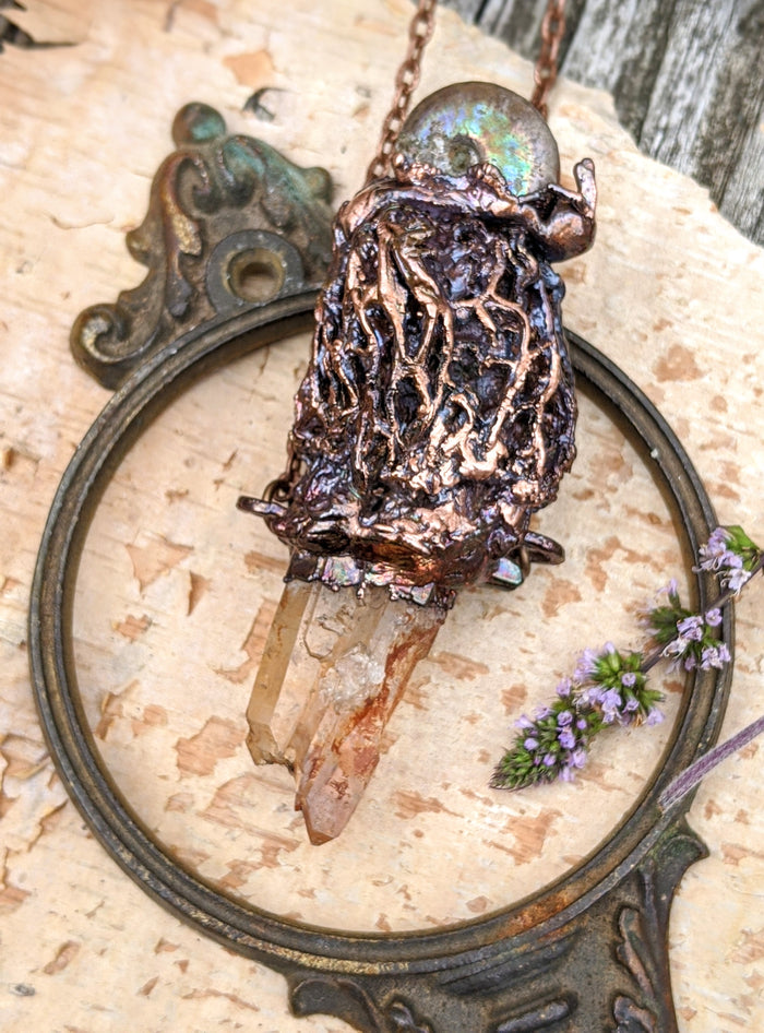 Morel Mushroom Electroformed Necklace with Tangerine Quartz and Ammonite Snail Friend - Minxes' Trinkets