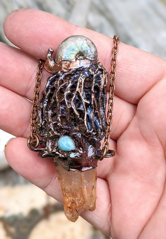 Morel Mushroom Electroformed Necklace with Tangerine Quartz and Ammonite Snail Friend - Minxes' Trinkets