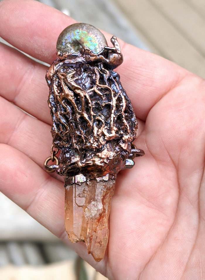 Morel Mushroom Electroformed Necklace with Tangerine Quartz and Ammonite Snail Friend - Minxes' Trinkets