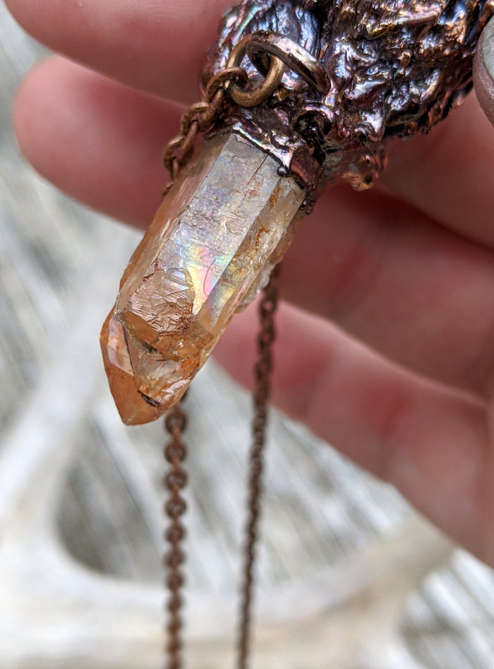 Morel Mushroom Electroformed Necklace with Tangerine Quartz and Ammonite Snail Friend - Minxes' Trinkets