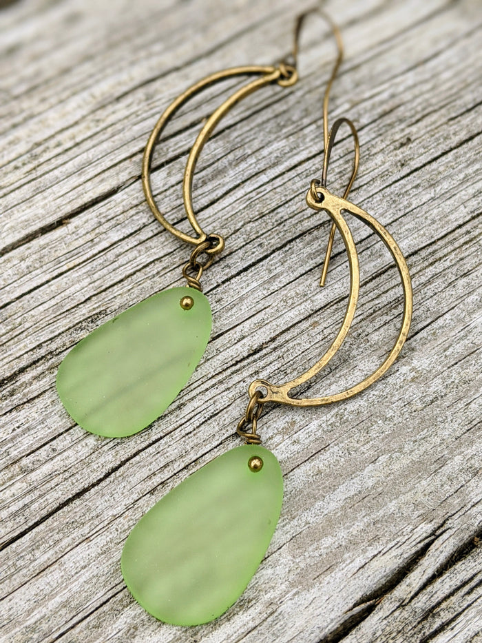 Open Moon Earrings with Green Seaglass Beads - Minxes' Trinkets