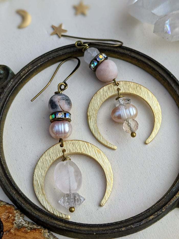 Pearl, Rose Quartz, Herkimer Diamond Celestial Earrings 9