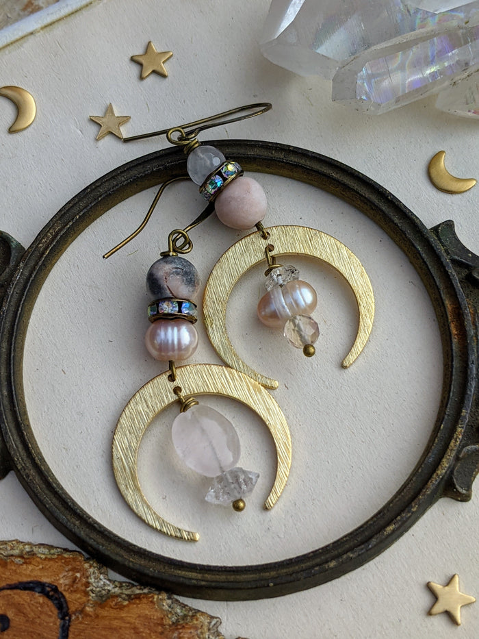 Pearl, Rose Quartz, Herkimer Diamond Celestial Earrings 9