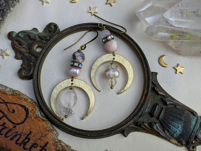 Pearl, Rose Quartz, Herkimer Diamond Celestial Earrings 9