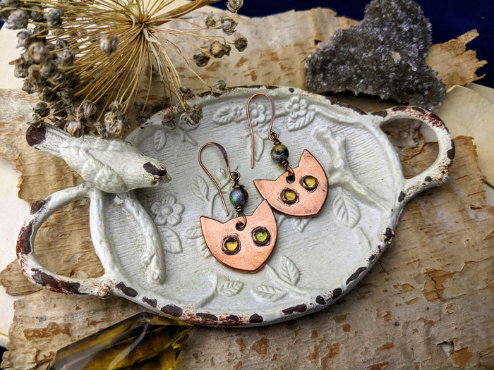 Peridot Cat Eye Copper Electroformed Earrings 2