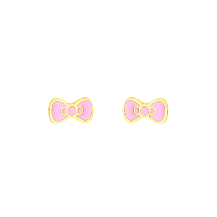 Pink bow hypoallergenic flat back earrings for children in gold-tone 316L surgical stainless steel