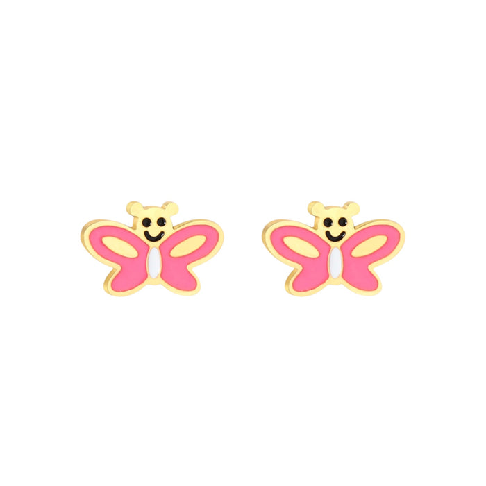 Pink butterfly hypoallergenic flat back earrings for children in gold-tone 316L surgical stainless steel