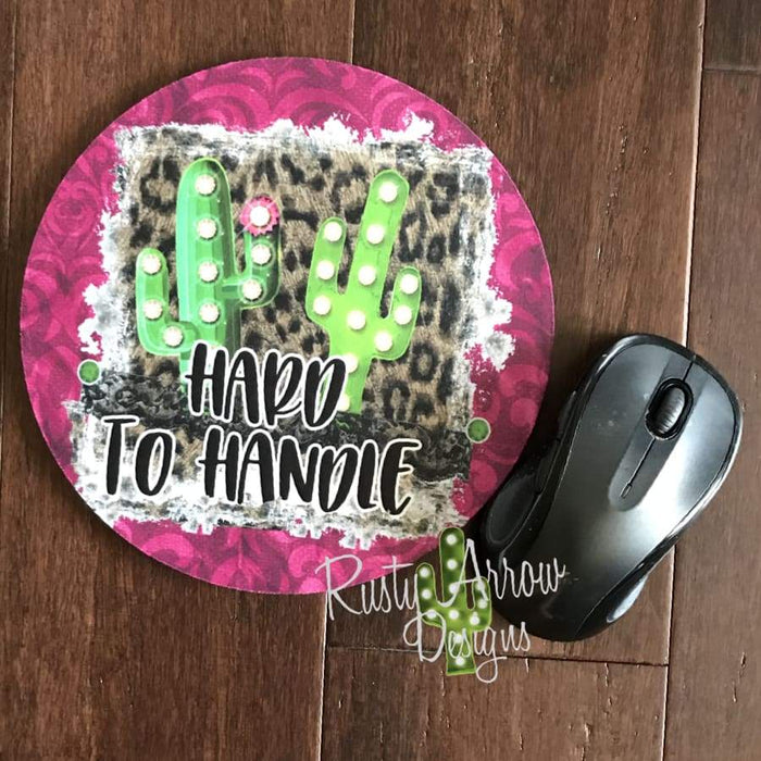 Pink Hard To Handle w Cactus 8 Neoprene Round Mouse Pad - Mouse Pad