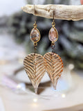 Pressed Glass Leaves with Golden Rutilated Quartz Earrings - Minxes' Trinkets