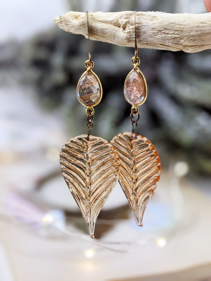 Pressed Glass Leaves with Golden Rutilated Quartz Earrings - Minxes' Trinkets