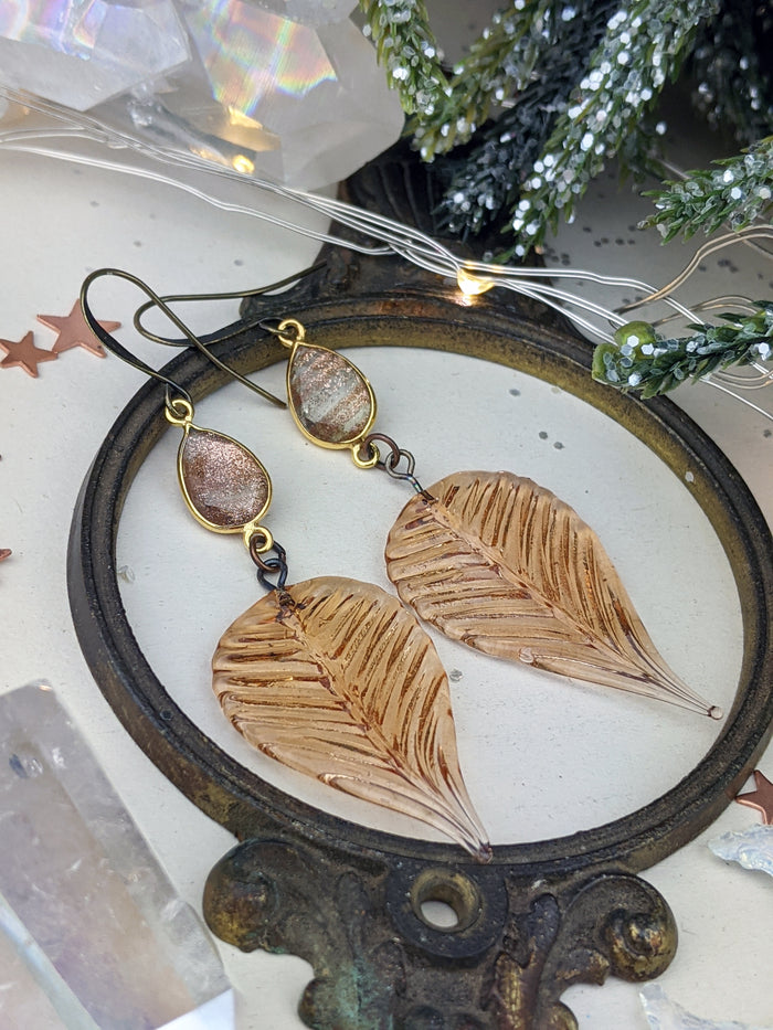 Pressed Glass Leaves with Golden Rutilated Quartz Earrings - Minxes' Trinkets