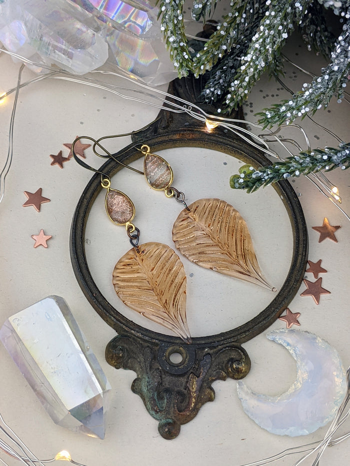 Pressed Glass Leaves with Golden Rutilated Quartz Earrings - Minxes' Trinkets